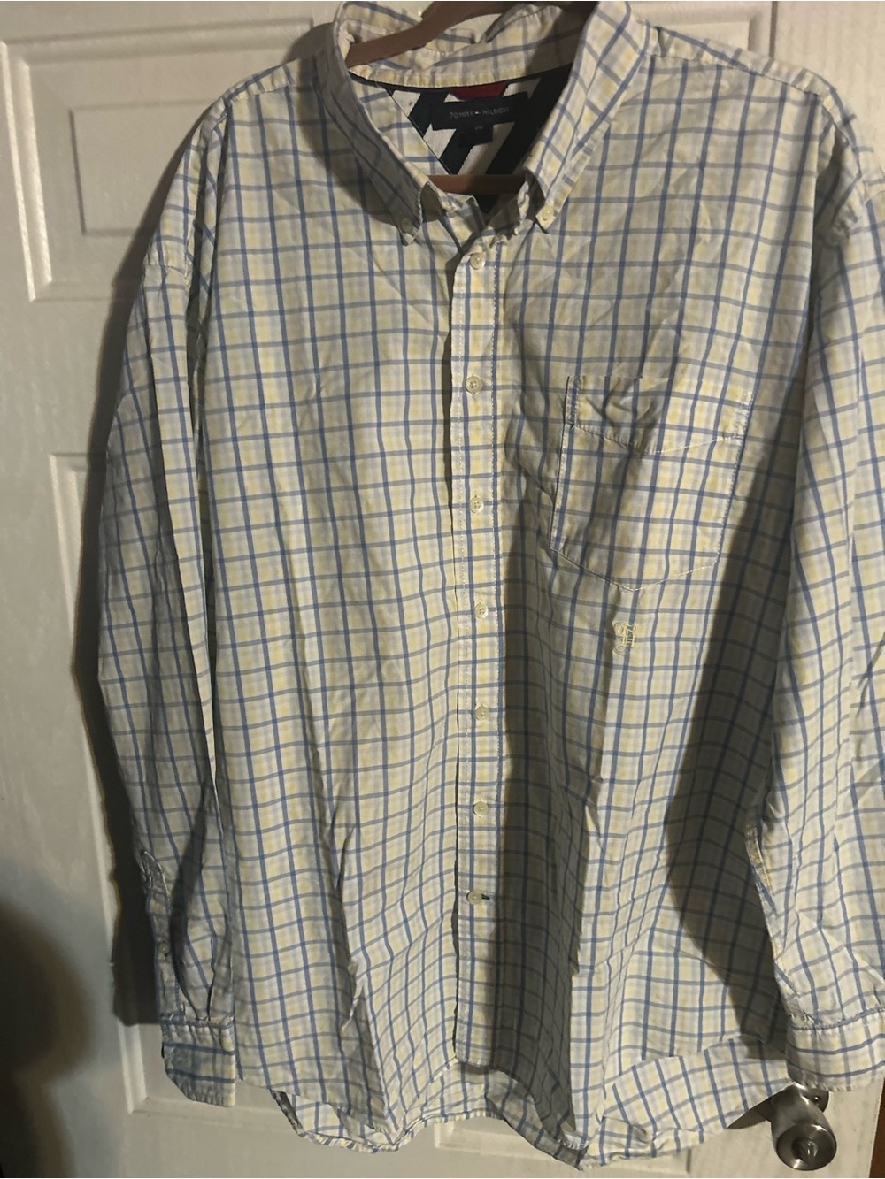 Tommy Hilfiger White and Light Blue Windowpane Button-Down Shirt